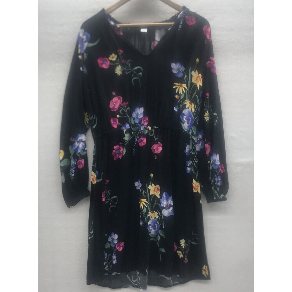 Old Navy Women's Dress Size Large Ruffle Collar Long Sleeve V Neck Black Floral
